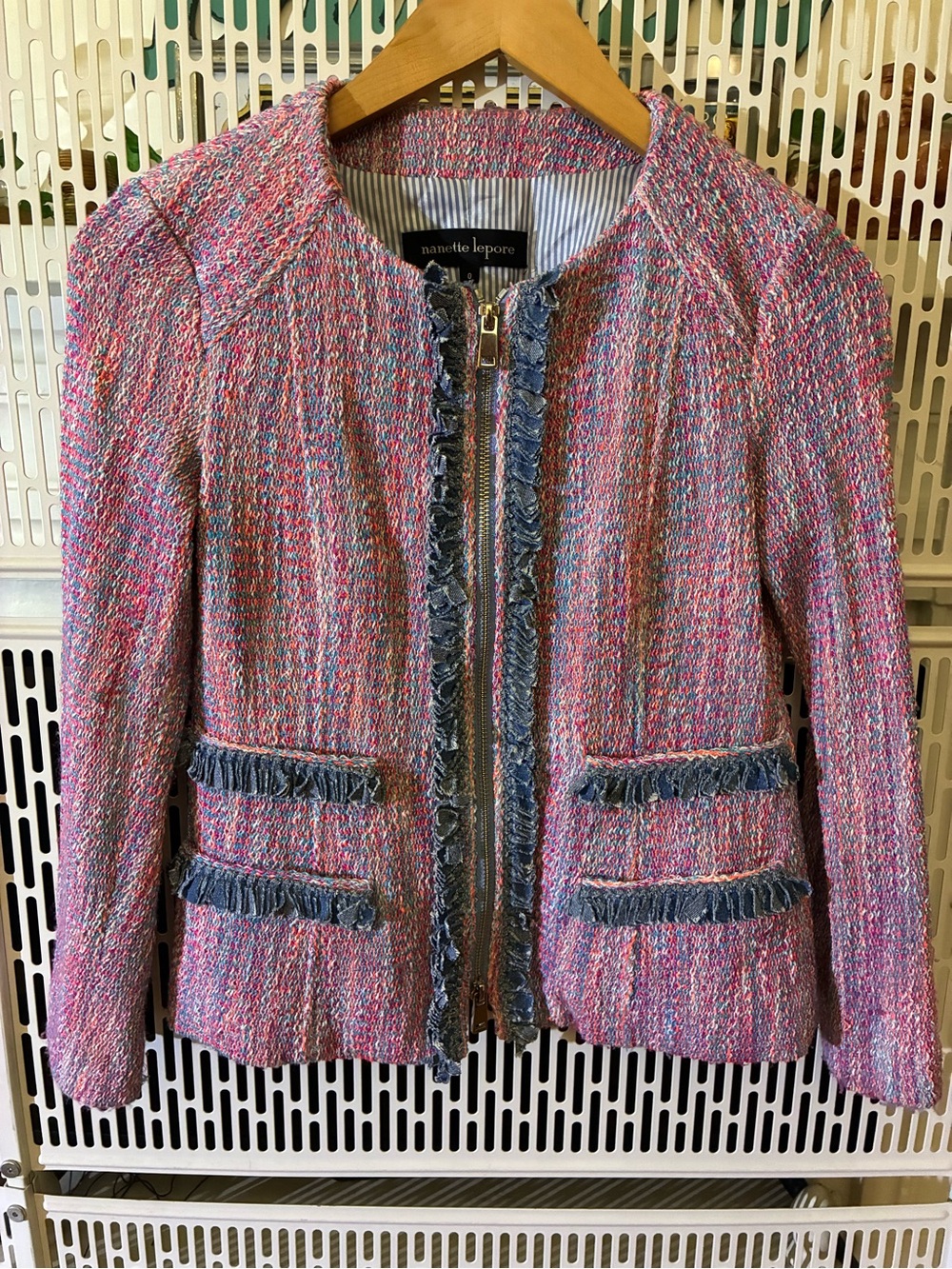 Nanette Lepore Pink Multi Tweed Jacket with Blue Fringe Trim